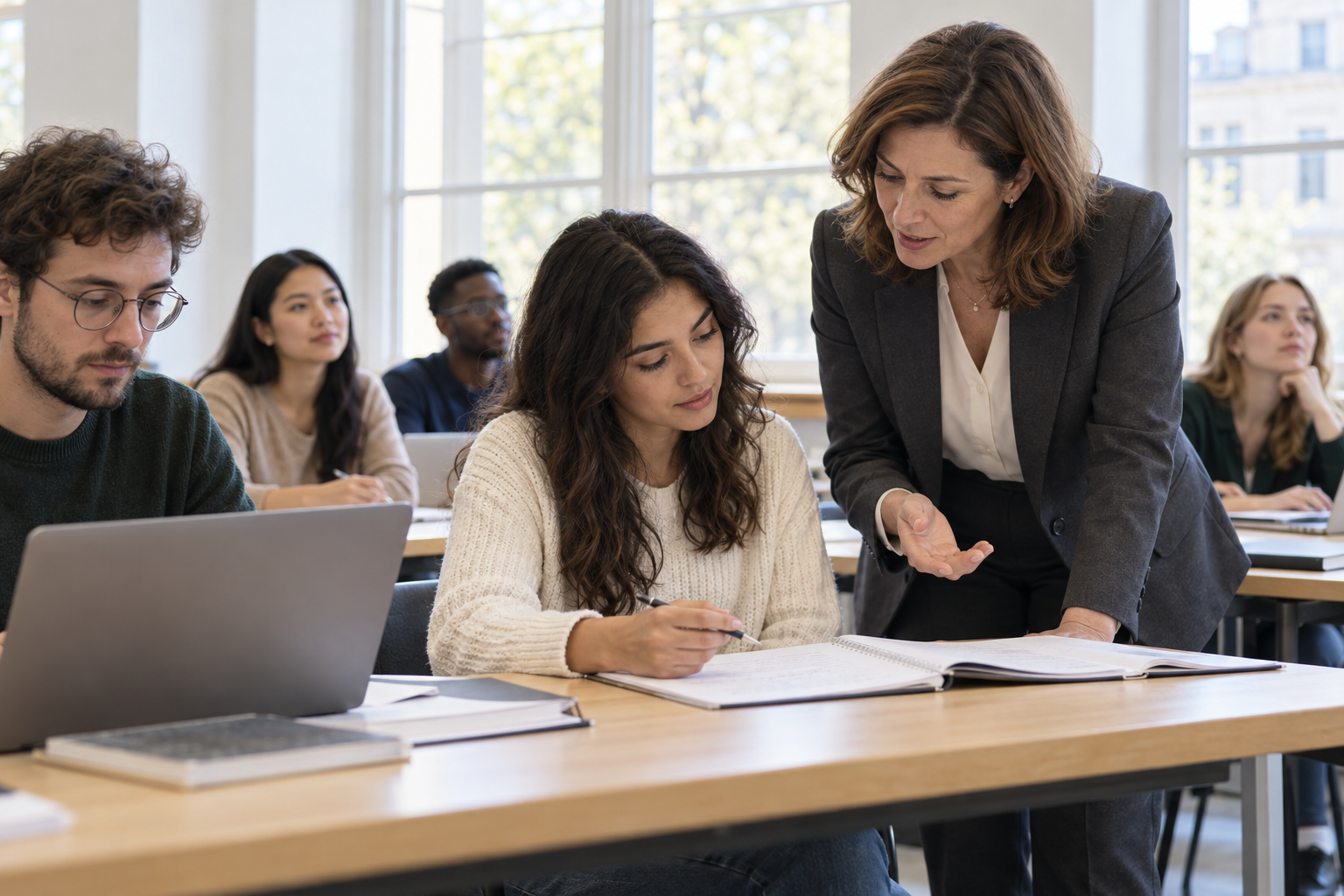 An educator guiding university students through a discussion in a bright seminar classroom